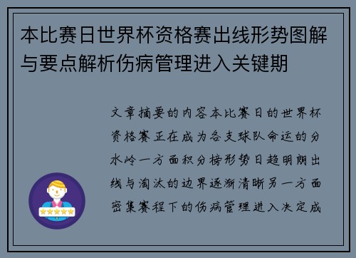 本比赛日世界杯资格赛出线形势图解与要点解析伤病管理进入关键期 本比赛日世界杯资格赛出线形势图解与要点解析伤病管理进入关键期